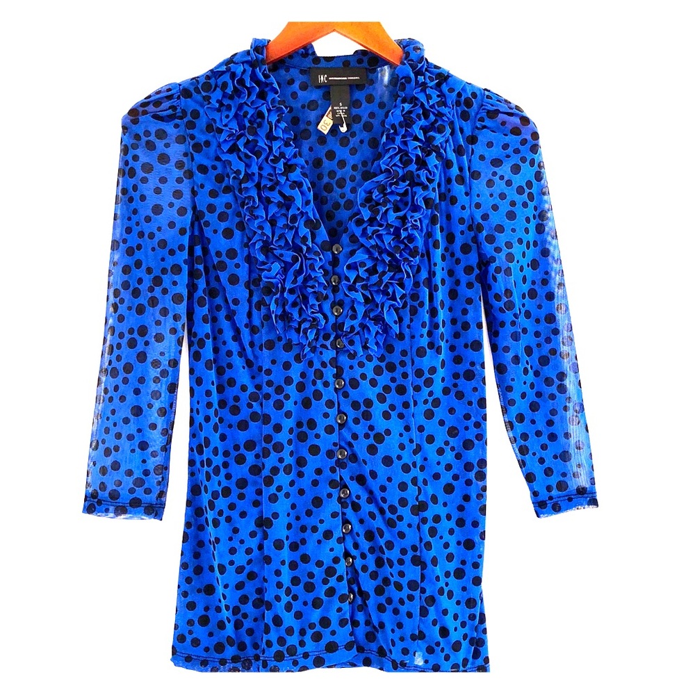 INC Polka Dot Mesh Button Up Blouse